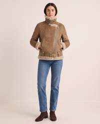 Sherpa-Lined Leather Jacket for Women — zipped up with collar raised