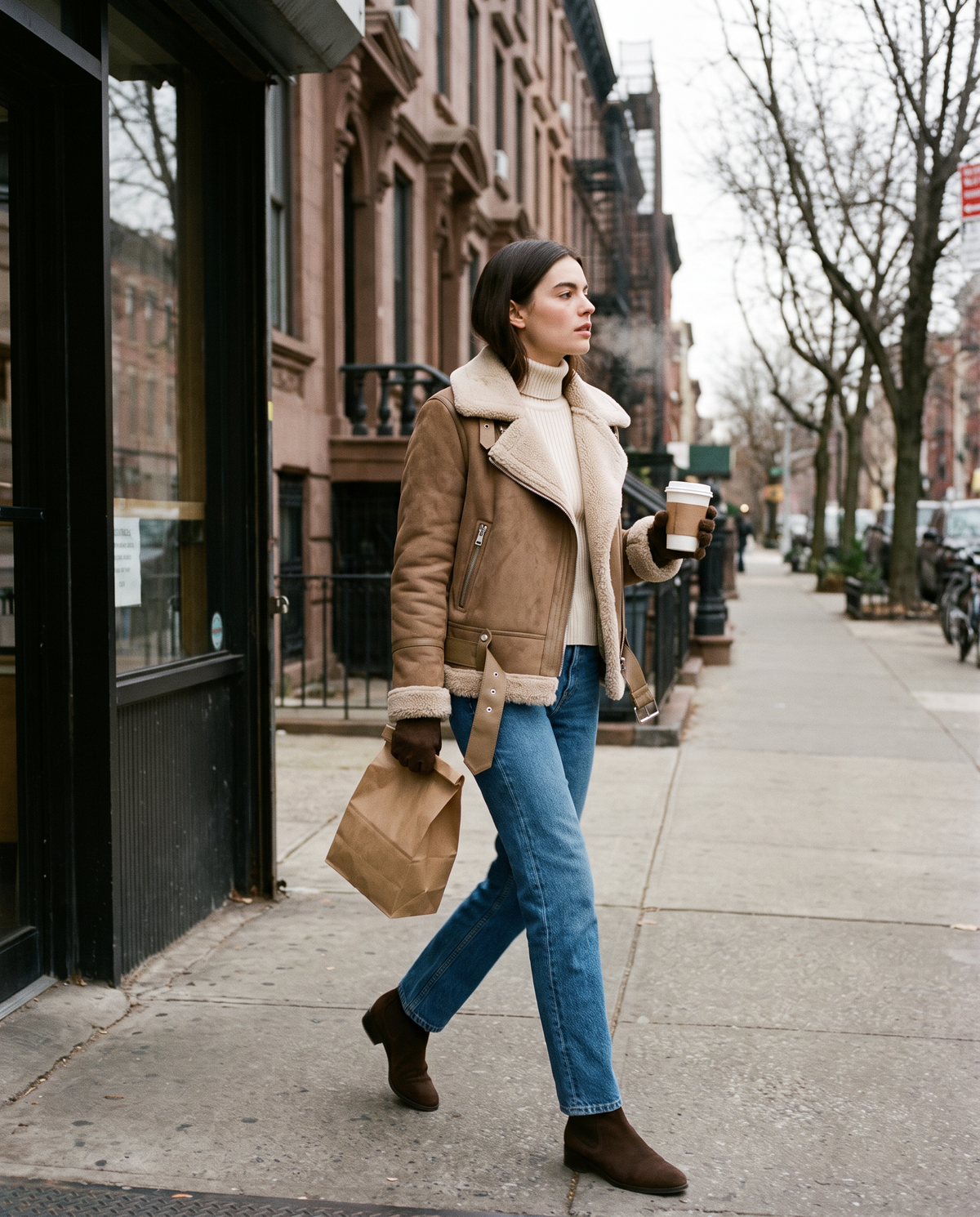 Sherpa-Lined Leather Jacket for Women — worn on a Brooklyn street on a cold morning