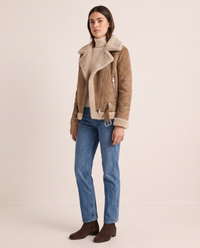 Sherpa-Lined Leather Jacket for Women — three-quarter view