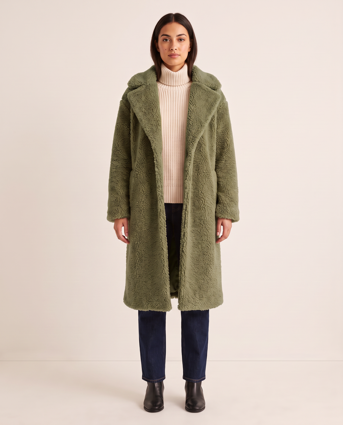 Long Teddy Coat for Women — army green, studio front