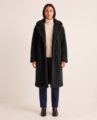 Long Teddy Coat for Women — black, studio front