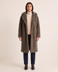 Long Teddy Coat for Women — dark grey, studio front
