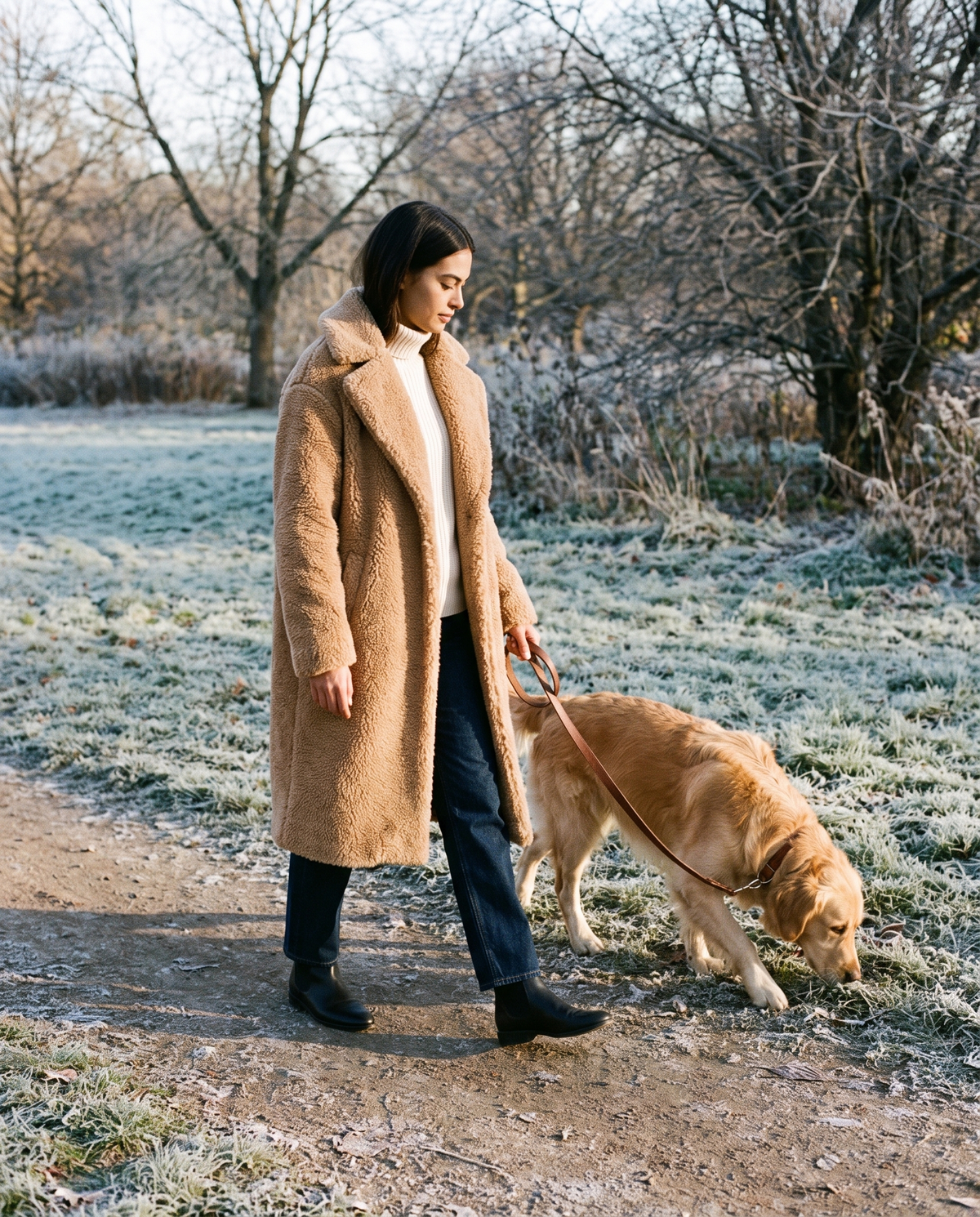 Long Teddy Coat for Women — walking a dog on a frosty morning in a New York park