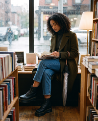 Chunky Platform Leather Ankle Boots with Front Zip — in a Brooklyn bookstore on a rainy afternoon