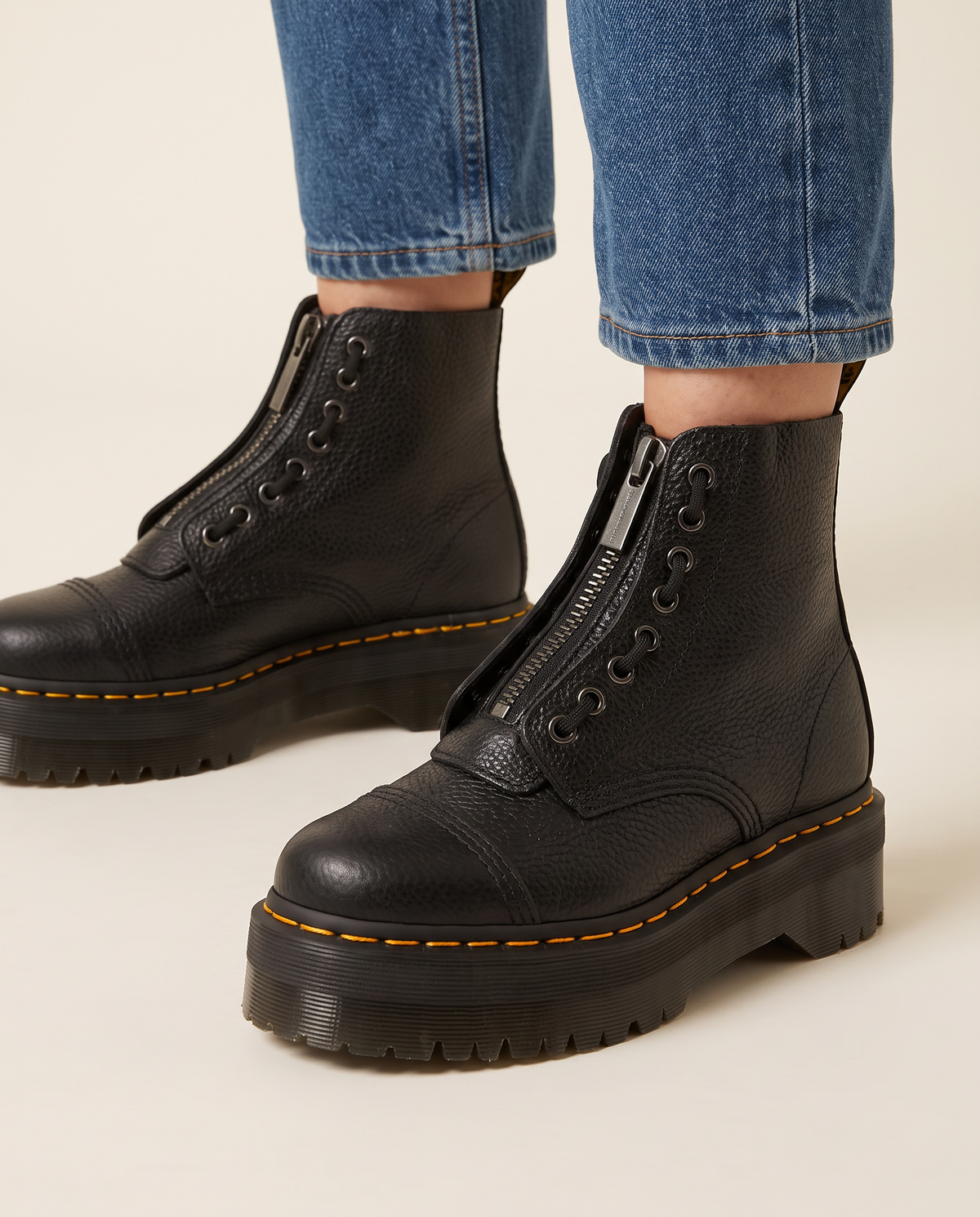 Chunky Platform Leather Ankle Boots with Front Zip — front zip and eyelet detail, on foot