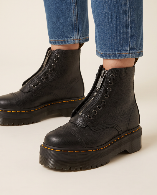 Chunky Platform Leather Ankle Boots with Front Zip — front zip and eyelet detail, on foot