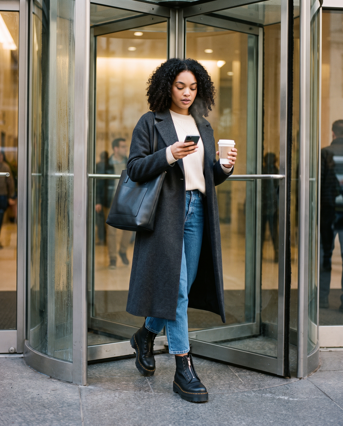 Chunky Platform Leather Ankle Boots with Front Zip — heading into a New York office lobby
