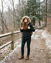 Slim Fit Hooded Winter Jacket for Women — at a Hudson Valley trailhead in light snow