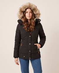 Slim Fit Hooded Winter Jacket for Women — hood up, worn