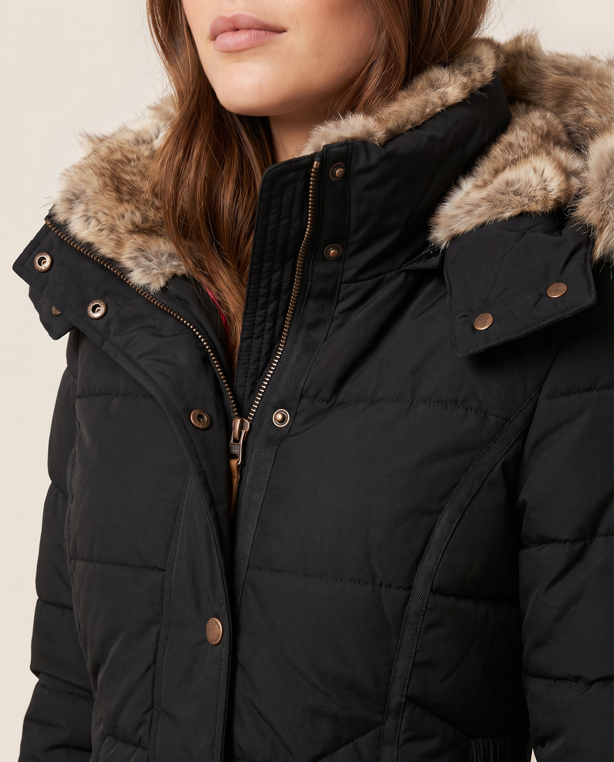 Slim Fit Hooded Winter Jacket for Women — faux fur hood, collar and snap placket detail