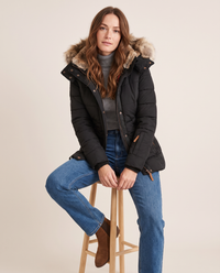 Slim Fit Hooded Winter Jacket for Women — worn seated