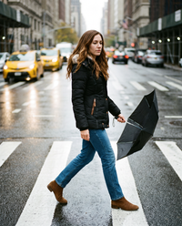Slim Fit Hooded Winter Jacket for Women — rainy commute crossing a Manhattan street
