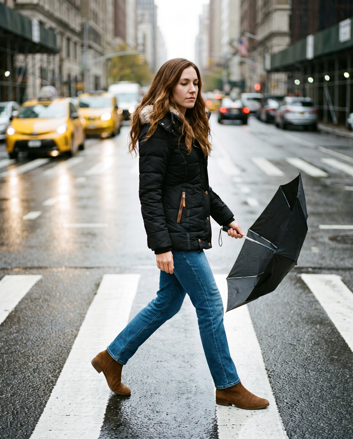 Slim Fit Hooded Winter Jacket for Women — rainy commute crossing a Manhattan street