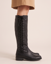 Lace-Up Knee-High Boots with Low Block Heel for Women — outer side lace-up detail, on foot