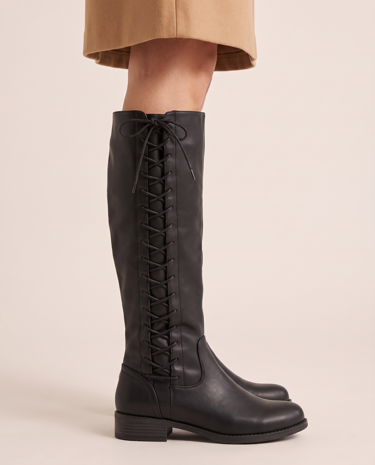 Lace-Up Knee-High Boots with Low Block Heel for Women — outer side lace-up detail, on foot