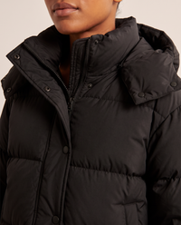Oversized Hooded Puffer Jacket for Women — stand collar, hood and snap placket detail