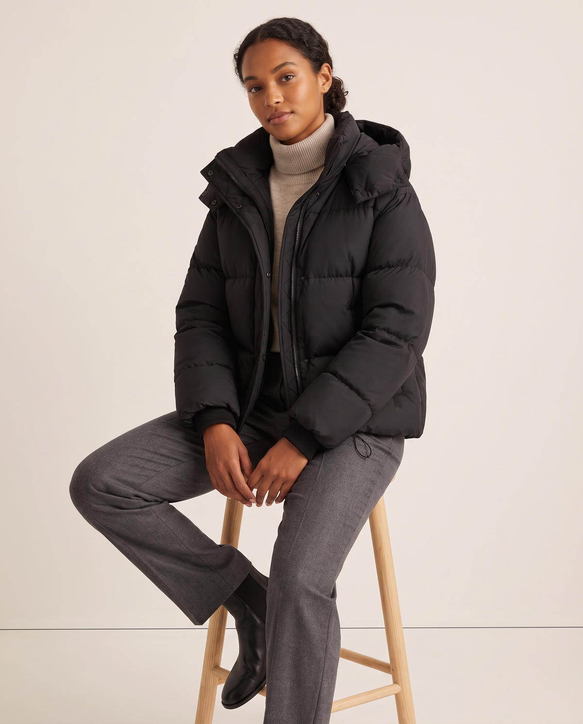 Oversized Hooded Puffer Jacket for Women — worn seated