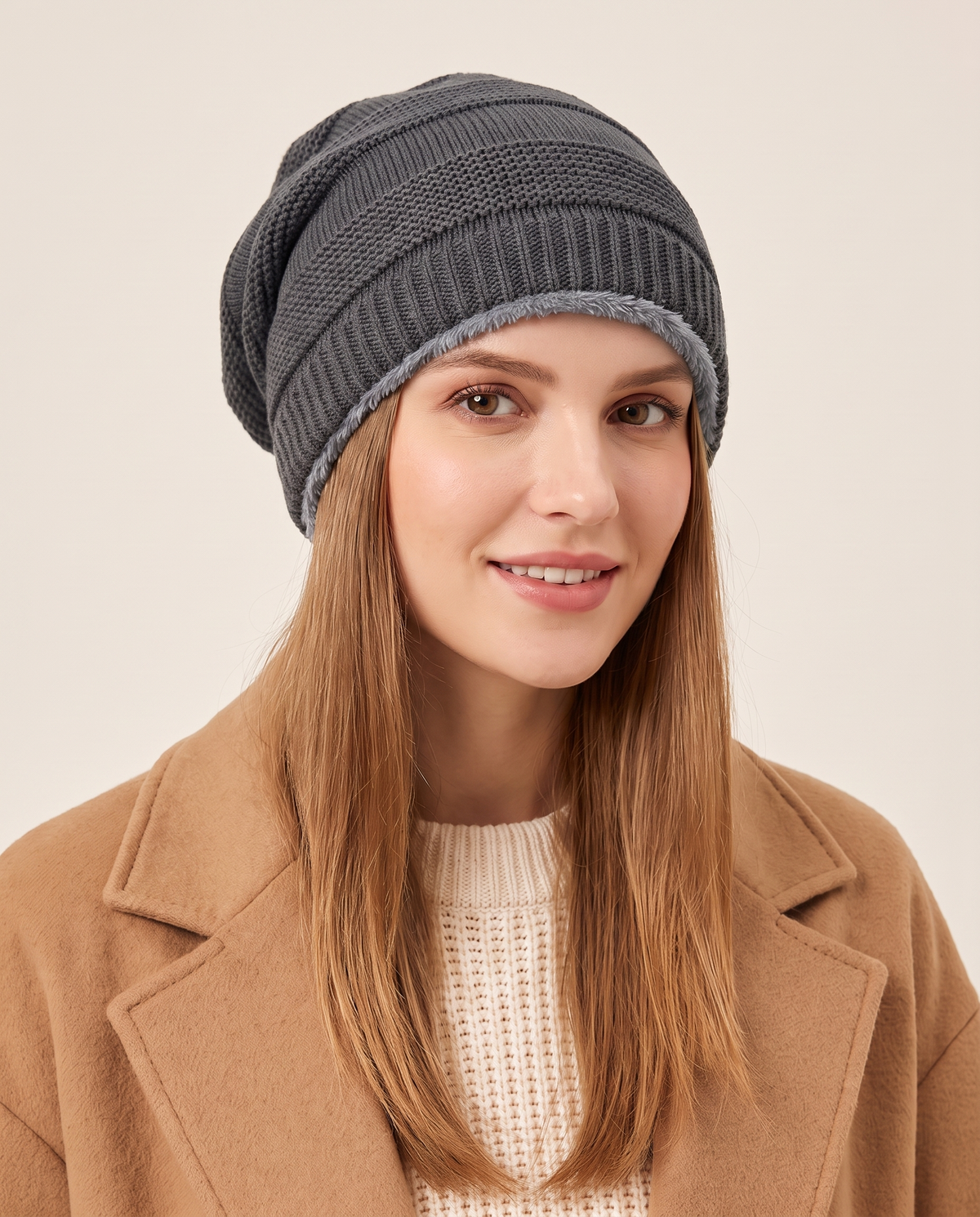 Fleece-Lined Knit Beanie for Women — grey, studio front