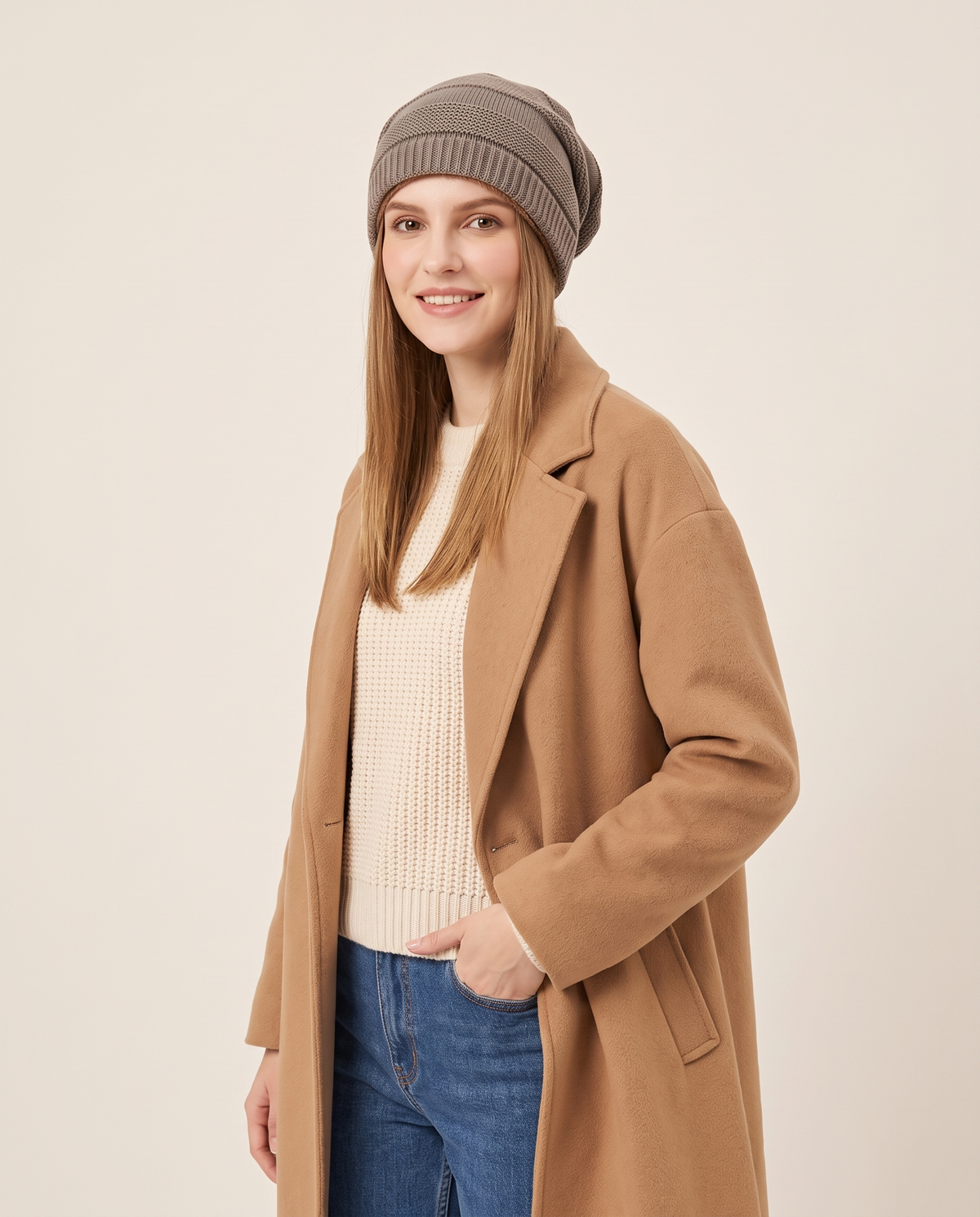 Fleece-Lined Knit Beanie for Women — three-quarter view with a winter coat