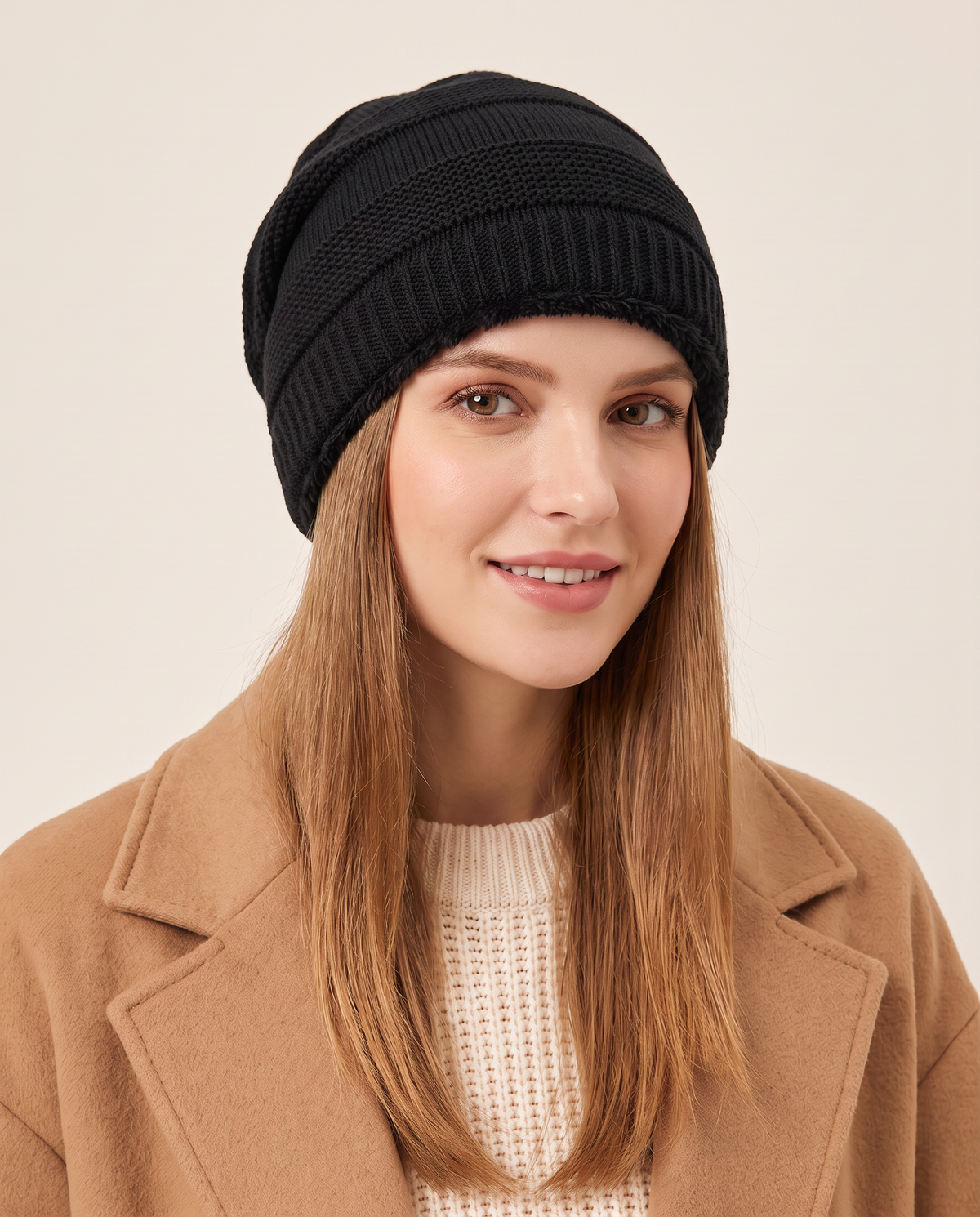 Fleece-Lined Knit Beanie for Women — black, studio front