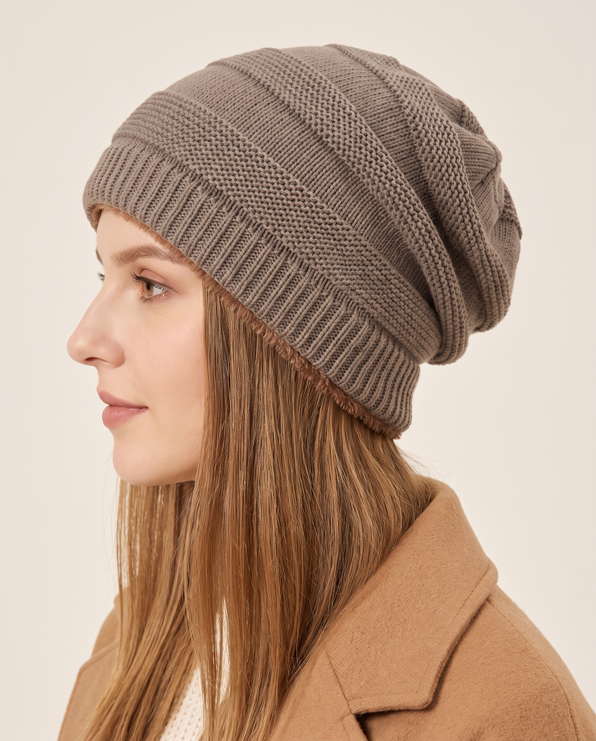 Fleece-Lined Knit Beanie for Women — side profile, slouch detail