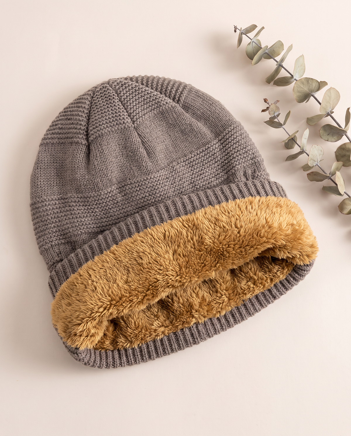 Fleece-Lined Knit Beanie for Women — flat lay showing the fleece lining