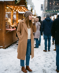 Fleece-Lined Knit Beanie for Women — worn with hot chocolate at a snowy holiday market