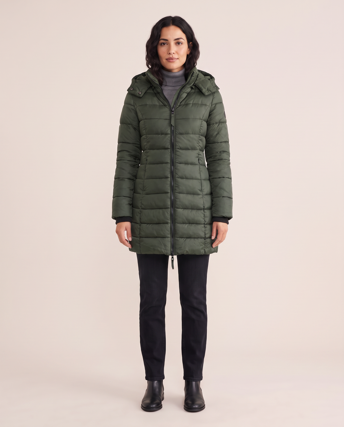Hooded Down Puffer Jacket for Women — green, studio front