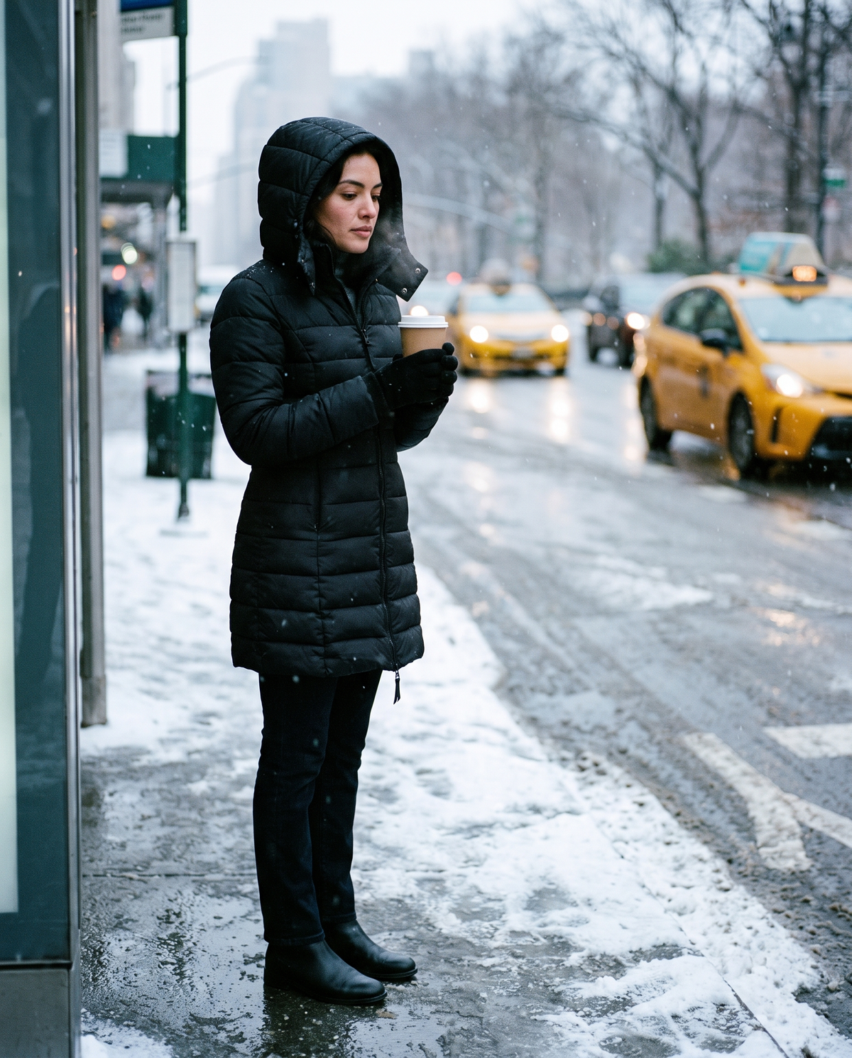 Hooded Down Puffer Jacket for Women — black, waiting at a snowy New York bus stop