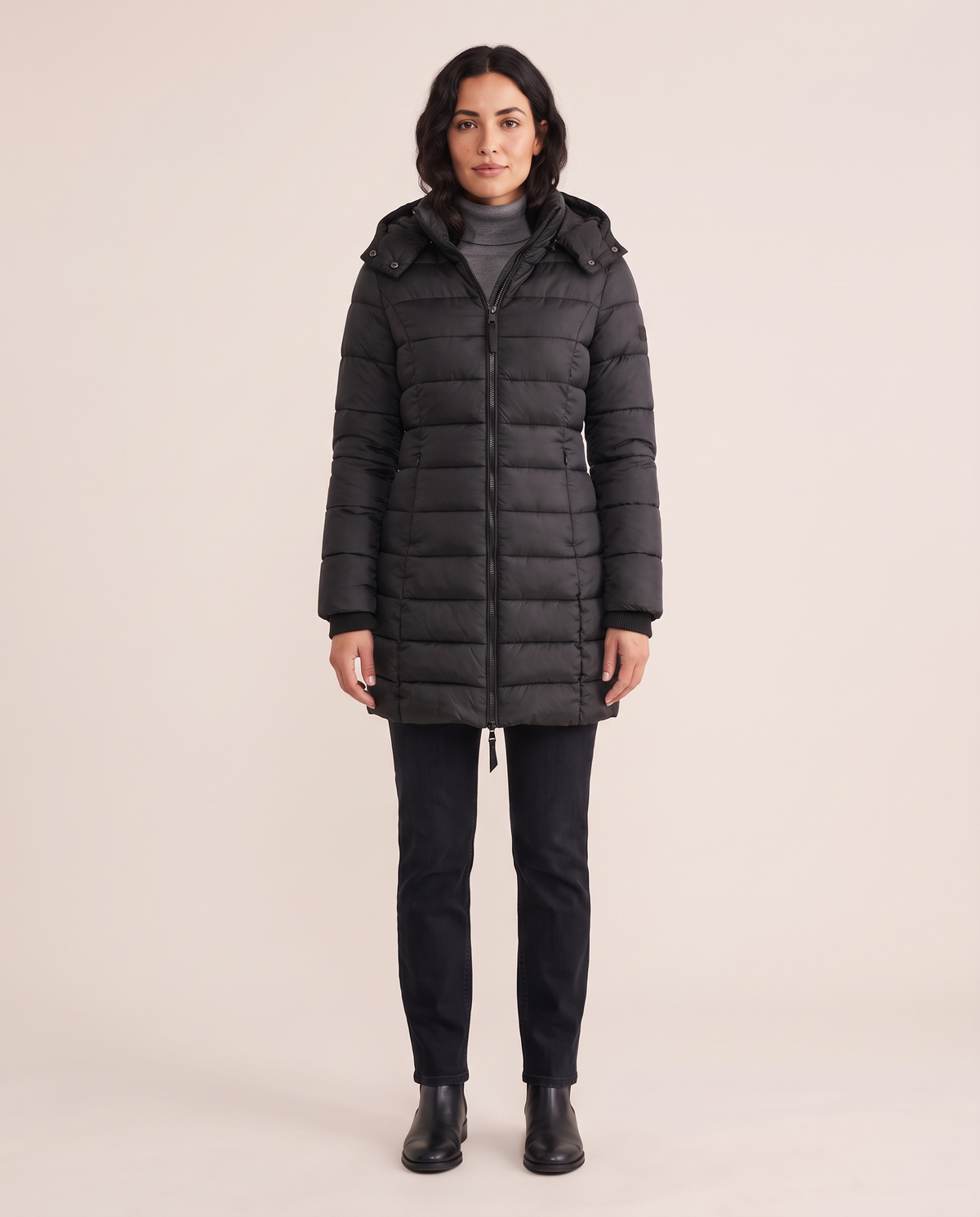 Hooded Down Puffer Jacket for Women — black, studio front