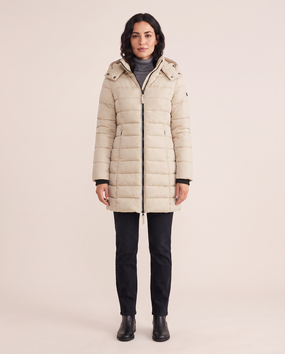 Hooded Down Puffer Jacket for Women — khaki, studio front