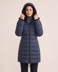 Hooded Down Puffer Jacket for Women — worn with the hood up