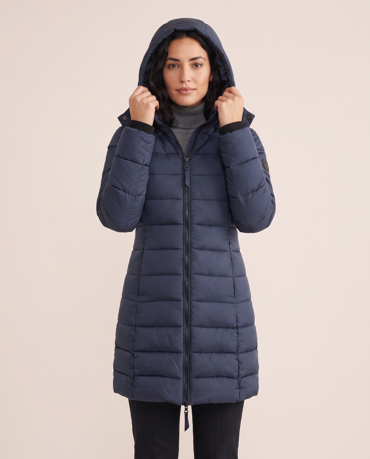 Hooded Down Puffer Jacket for Women — worn with the hood up