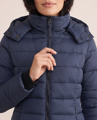 Hooded Down Puffer Jacket for Women — hood, zip and quilting detail
