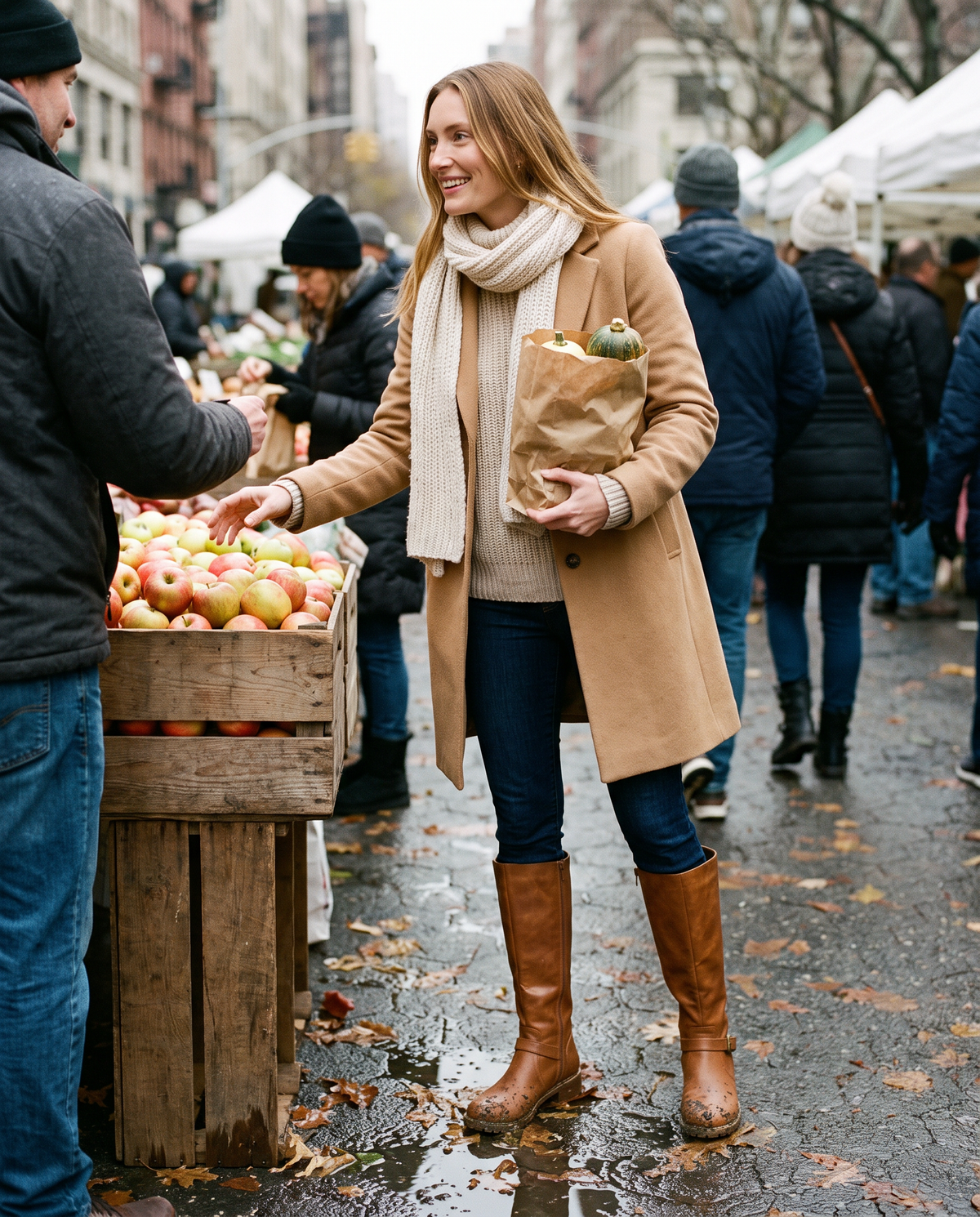 Knee-High Riding Boots with Buckle Strap for Women — at a New York farmers market in fall