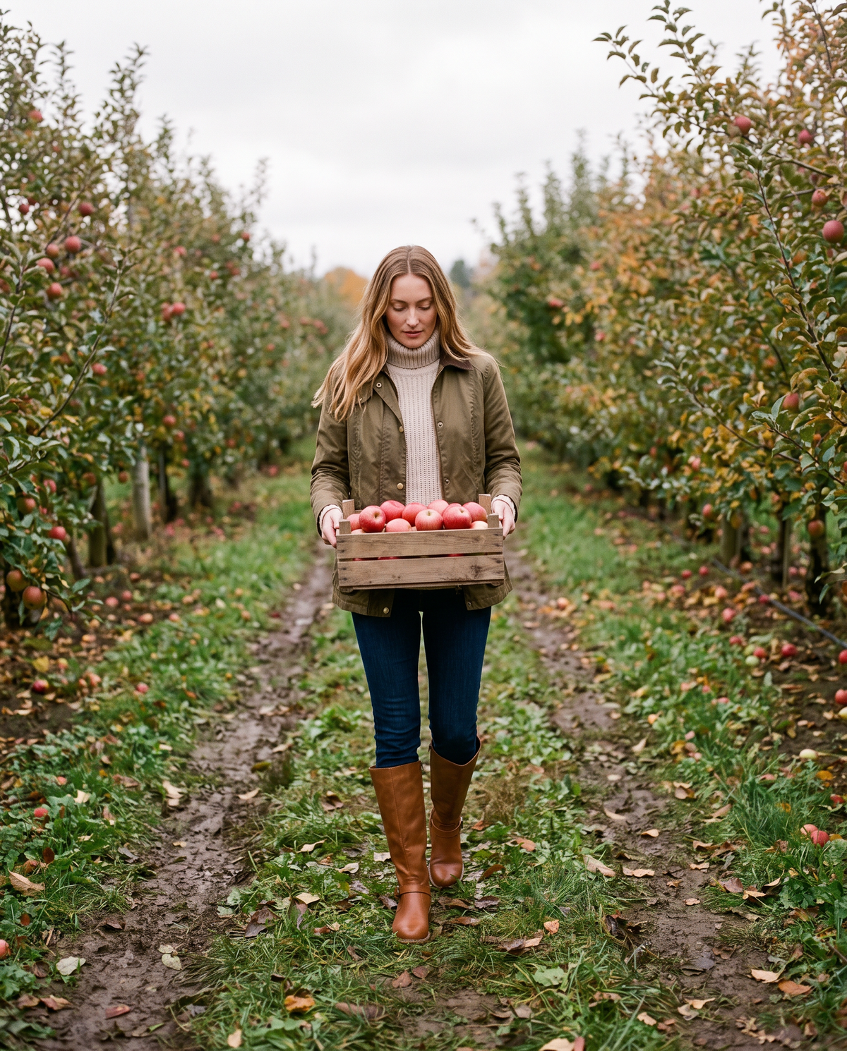Knee-High Riding Boots with Buckle Strap for Women — apple picking in an upstate New York orchard