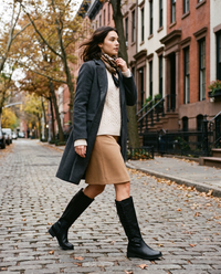 Lace-Up Knee-High Boots with Low Block Heel for Women — walking a West Village cobblestone street in fall