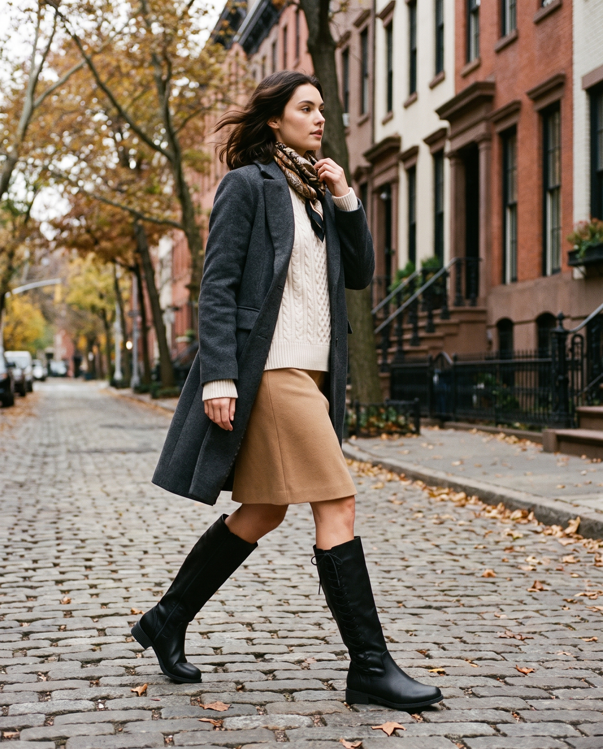 Lace-Up Knee-High Boots with Low Block Heel for Women — walking a West Village cobblestone street in fall