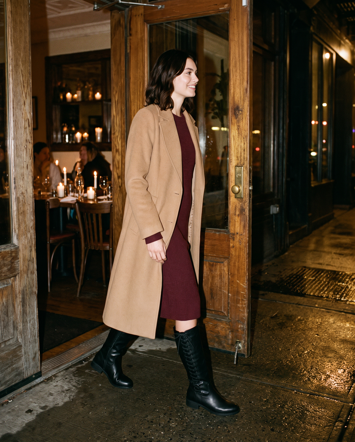 Lace-Up Knee-High Boots with Low Block Heel for Women — arriving at a New York restaurant for dinner