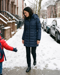 Hooded Down Puffer Jacket for Women — worn on a snowy Brooklyn school run