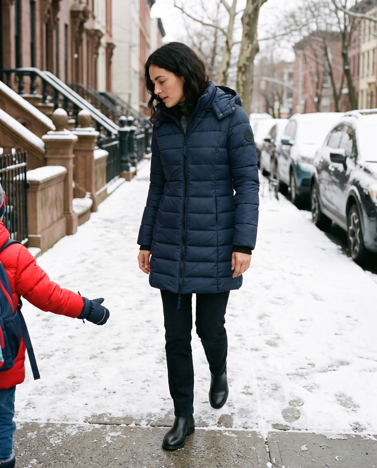 Hooded Down Puffer Jacket for Women — worn on a snowy Brooklyn school run