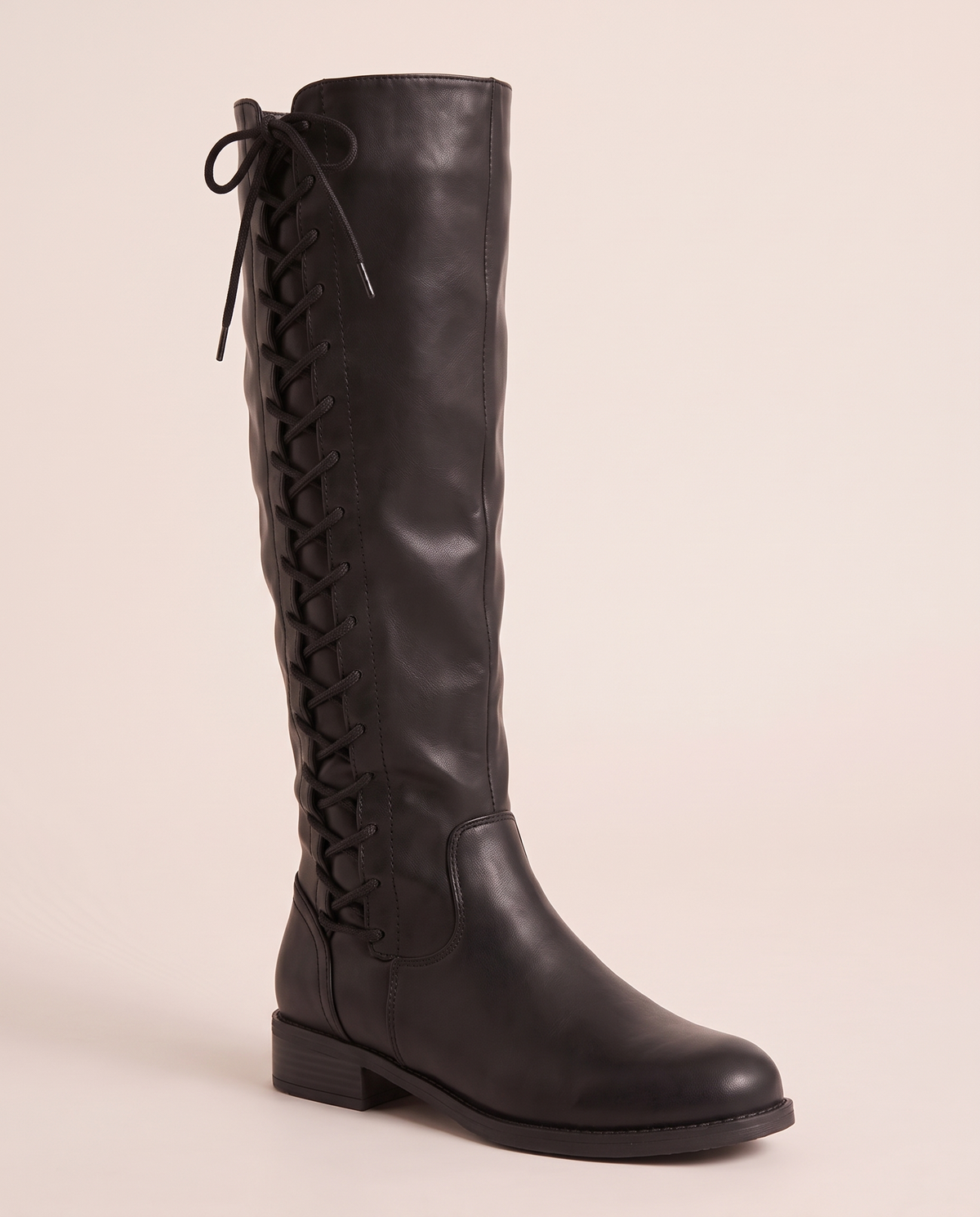 Lace-Up Knee-High Boots with Low Block Heel for Women — single boot, three-quarter view