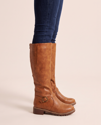 Knee-High Riding Boots with Buckle Strap for Women — worn, side profile