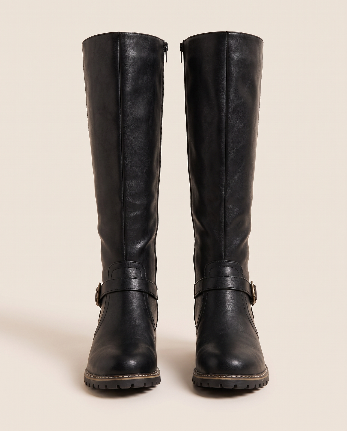 Knee-High Riding Boots with Buckle Strap for Women — black, pair, studio