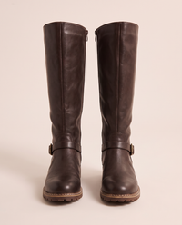 Knee-High Riding Boots with Buckle Strap for Women — dark brown, pair, studio