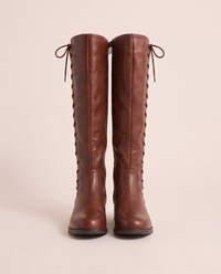 Lace-Up Knee-High Boots with Low Block Heel for Women — brown, pair, studio