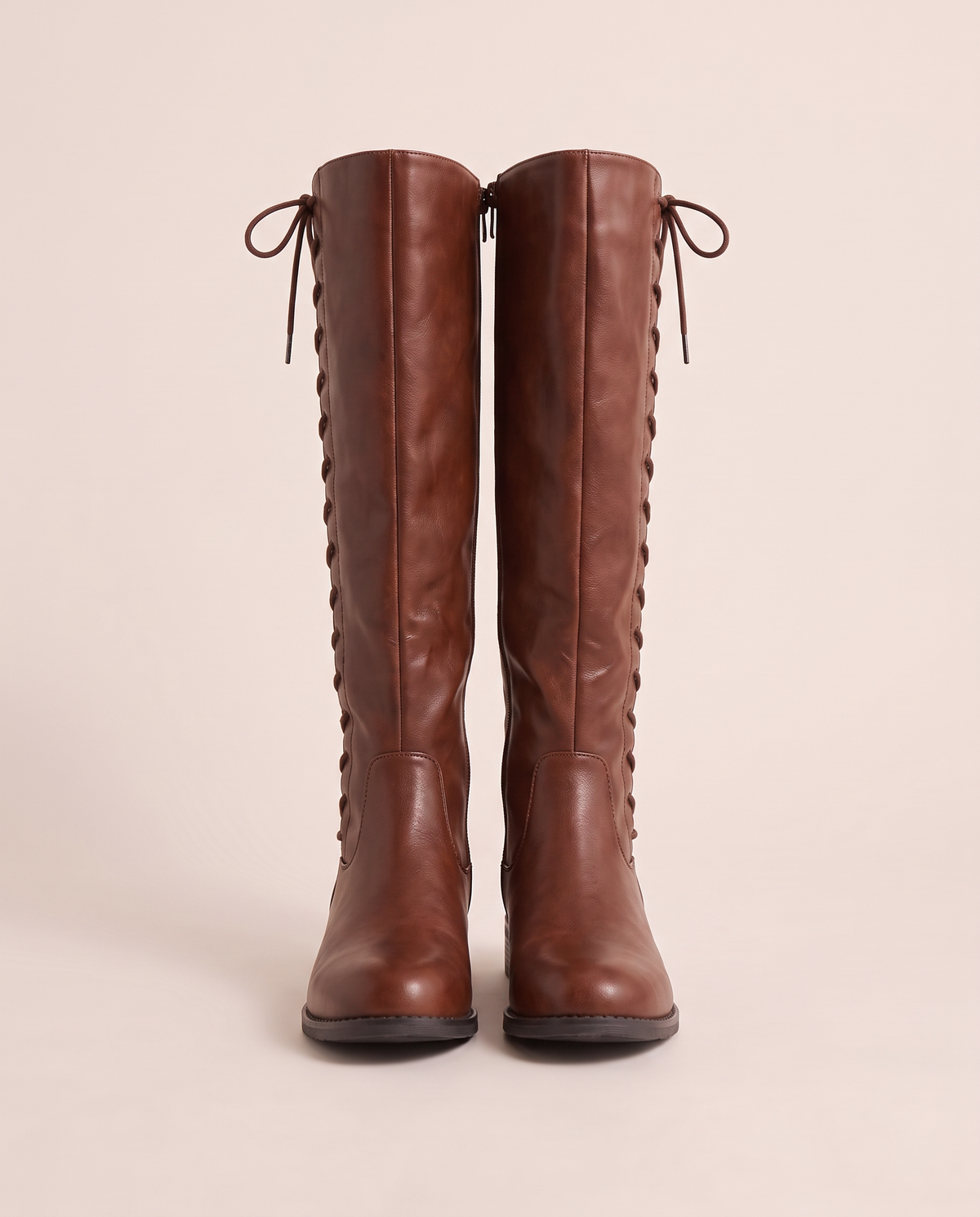Lace-Up Knee-High Boots with Low Block Heel for Women — brown, pair, studio