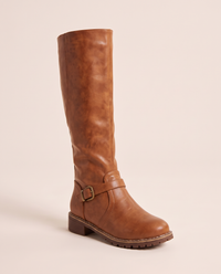 Knee-High Riding Boots with Buckle Strap for Women — single boot, three-quarter view