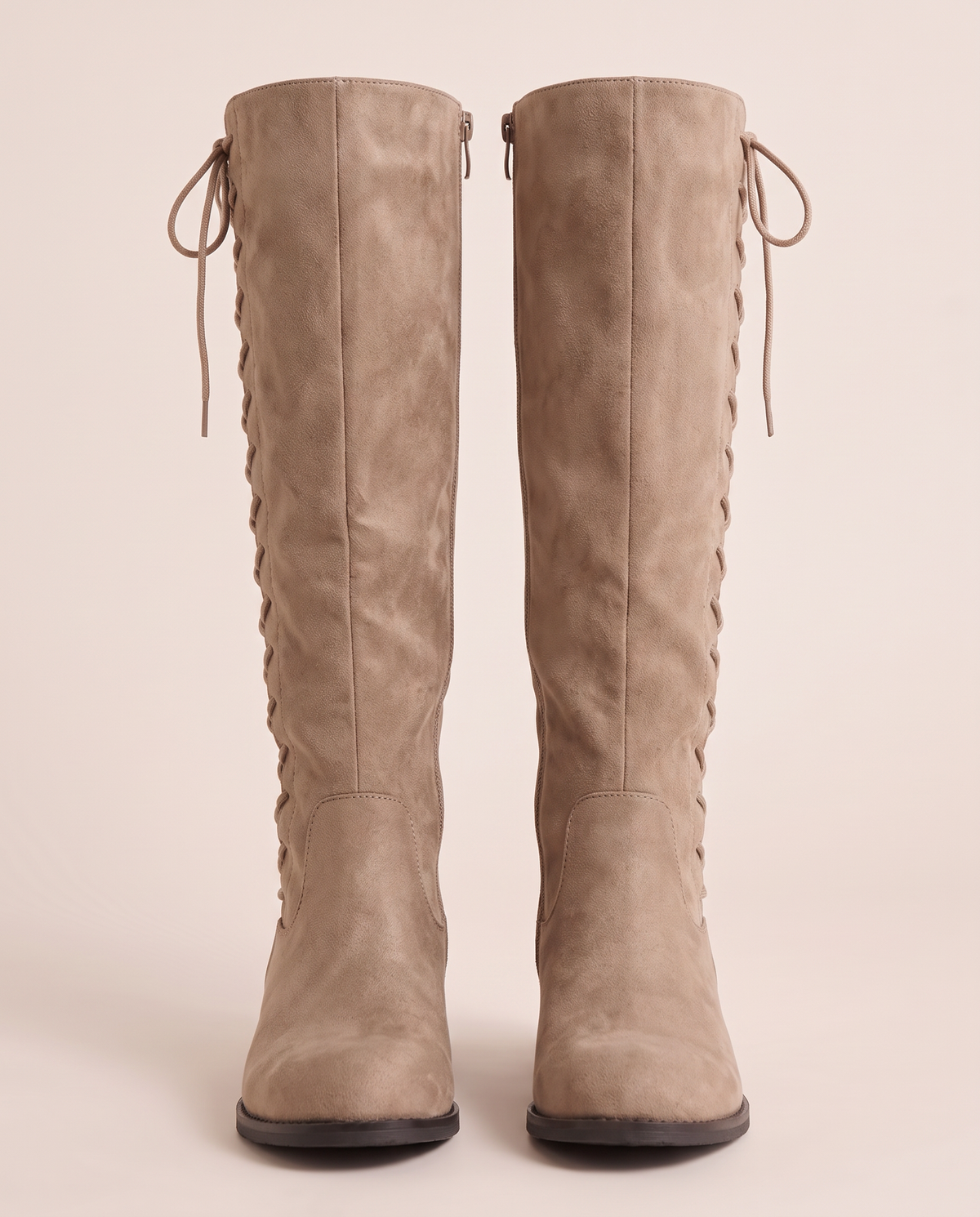 Lace-Up Knee-High Boots with Low Block Heel for Women — beige, pair, studio