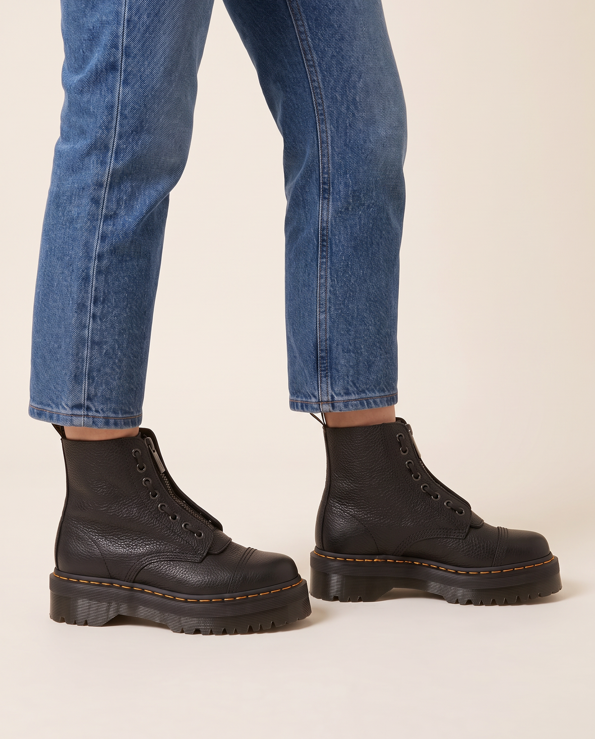 Chunky Platform Leather Ankle Boots with Front Zip — worn, side profile